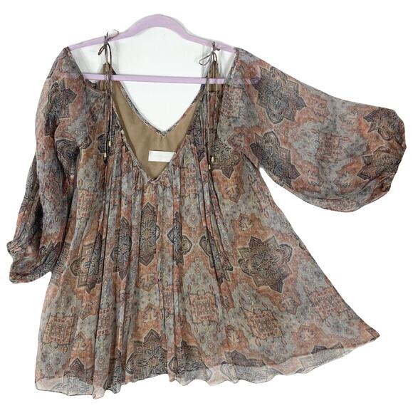 Zimmermann Tops - NWOT ZIMMERMANN Blouse 0/XS Silk Chiffon”Harlequin Heriz”V Balloon ColdShoulder
